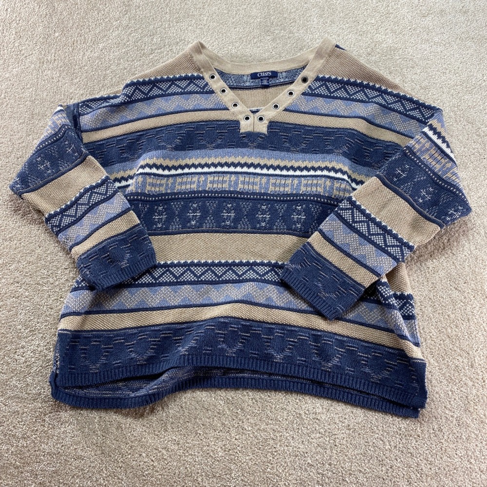 Chaps Sweater Womens XL Fair Isle Geometric Knit Lace Up Grommet‎ V-Neck